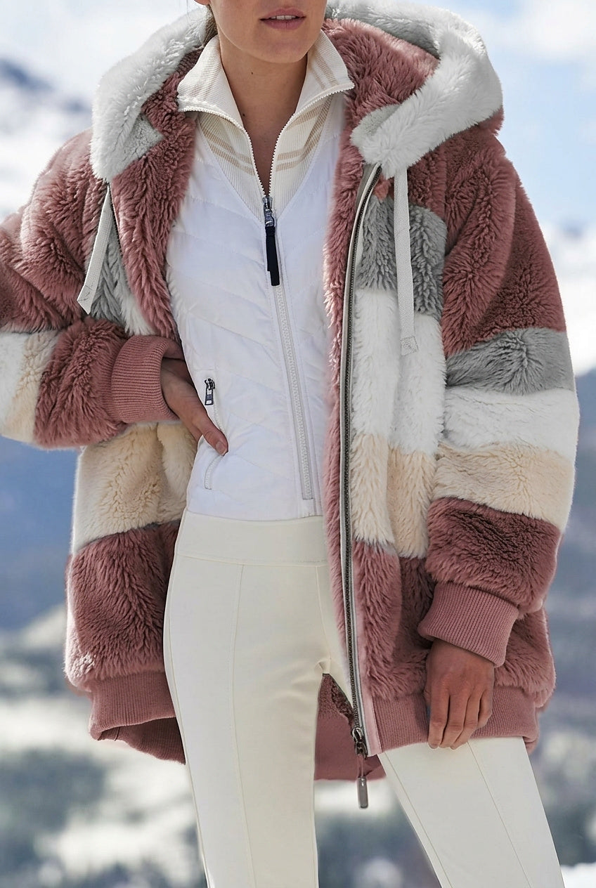 Fuskpälsjacka med huva och färgblock för dam-Jacket for women-Fjallbarn