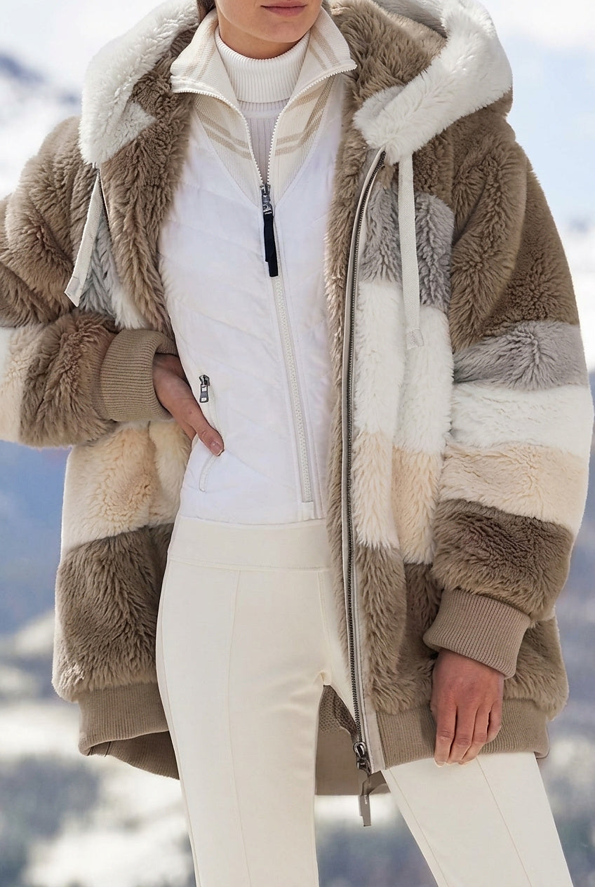 Fuskpälsjacka med huva och färgblock för dam-Jacket for women-Fjallbarn