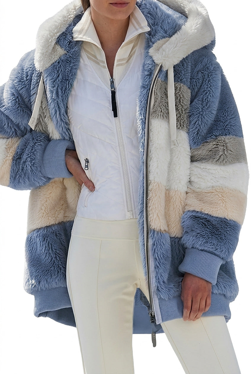Fuskpälsjacka med huva och färgblock för dam-Jacket for women-Fjallbarn