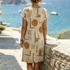 Geometriskt mönstrad midiklänning med kort ärm för dam-Midi Dress-Fjallbarn