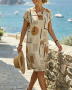 Geometriskt mönstrad midiklänning med kort ärm för dam-Midi Dress-Fjallbarn