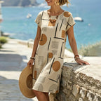 Geometriskt mönstrad midiklänning med kort ärm för dam-Midi Dress-Fjallbarn