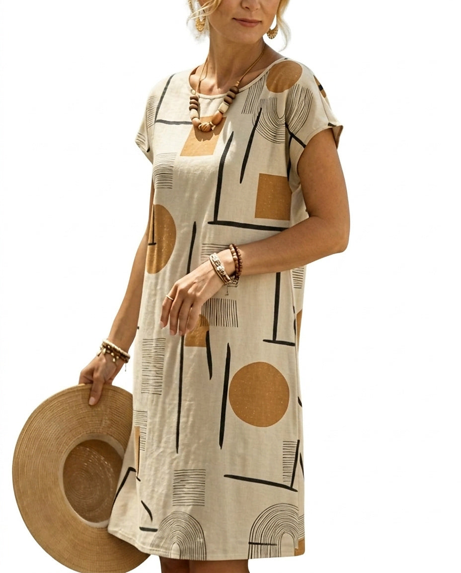 Geometriskt mönstrad midiklänning med kort ärm för dam-Midi Dress-Fjallbarn