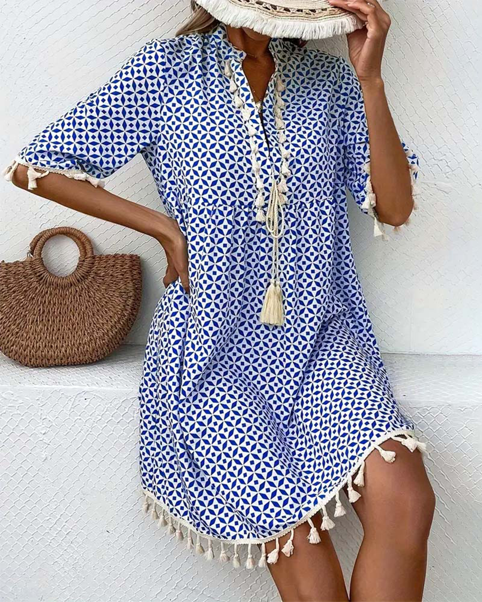 Geometriskt mönstrad miniklänning med tofsar för dam-Mini Dress-Fjallbarn