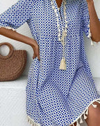 Geometriskt mönstrad miniklänning med tofsar för dam-Mini Dress-Fjallbarn