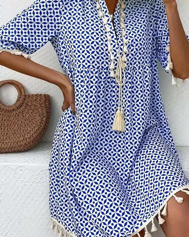 Geometriskt mönstrad miniklänning med tofsar för dam-Mini Dress-Fjallbarn