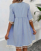 Geometriskt mönstrad miniklänning med tofsar för dam-Mini Dress-Fjallbarn