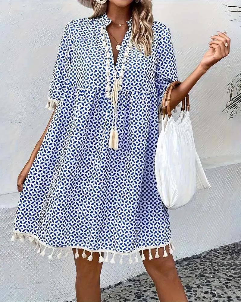 Geometriskt mönstrad miniklänning med tofsar för dam-Mini Dress-Fjallbarn