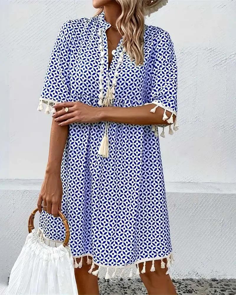 Geometriskt mönstrad miniklänning med tofsar för dam-Mini Dress-Fjallbarn