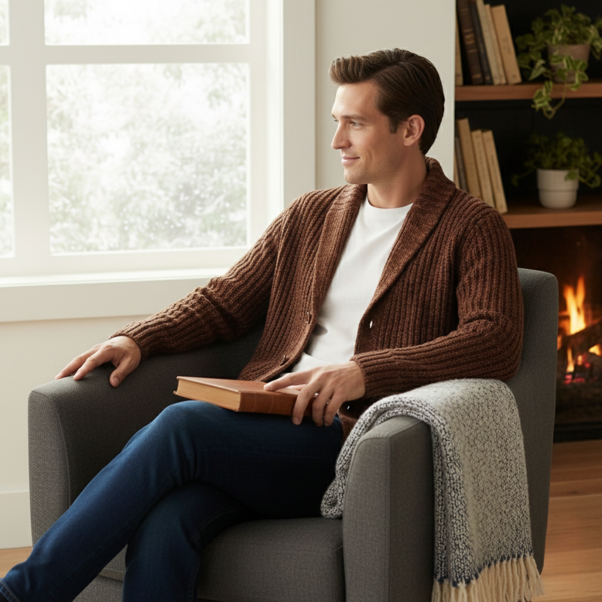 Grovstickad kofta med sjalkrage för herrar-Cardigan for men-Fjallbarn