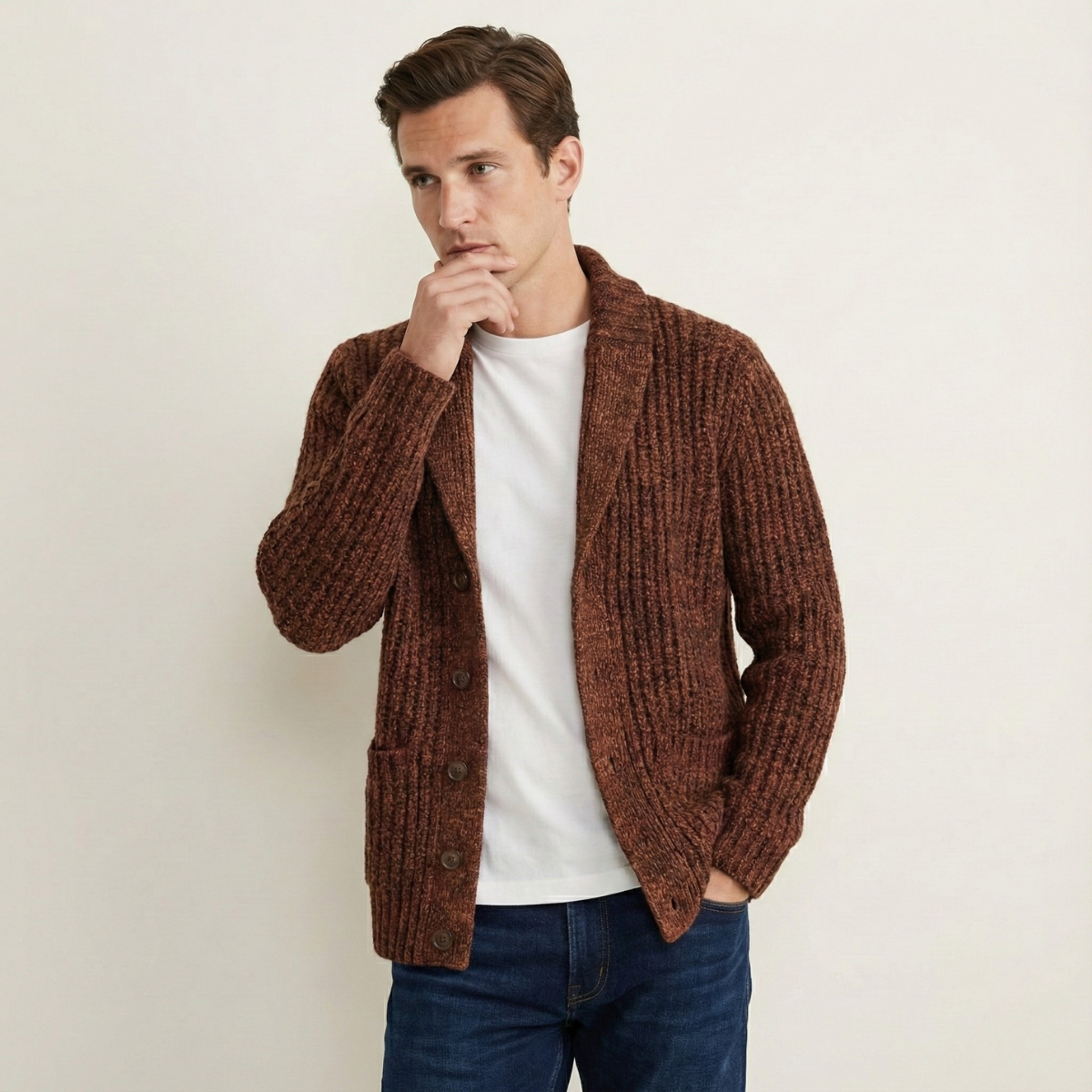 Grovstickad kofta med sjalkrage för herrar-Cardigan for men-Fjallbarn
