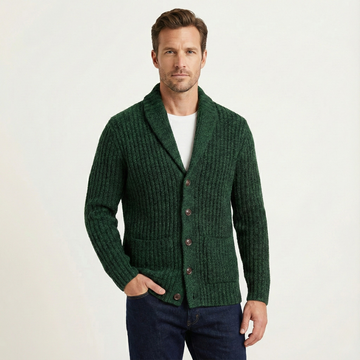 Grovstickad kofta med sjalkrage för herrar-Cardigan for men-Fjallbarn