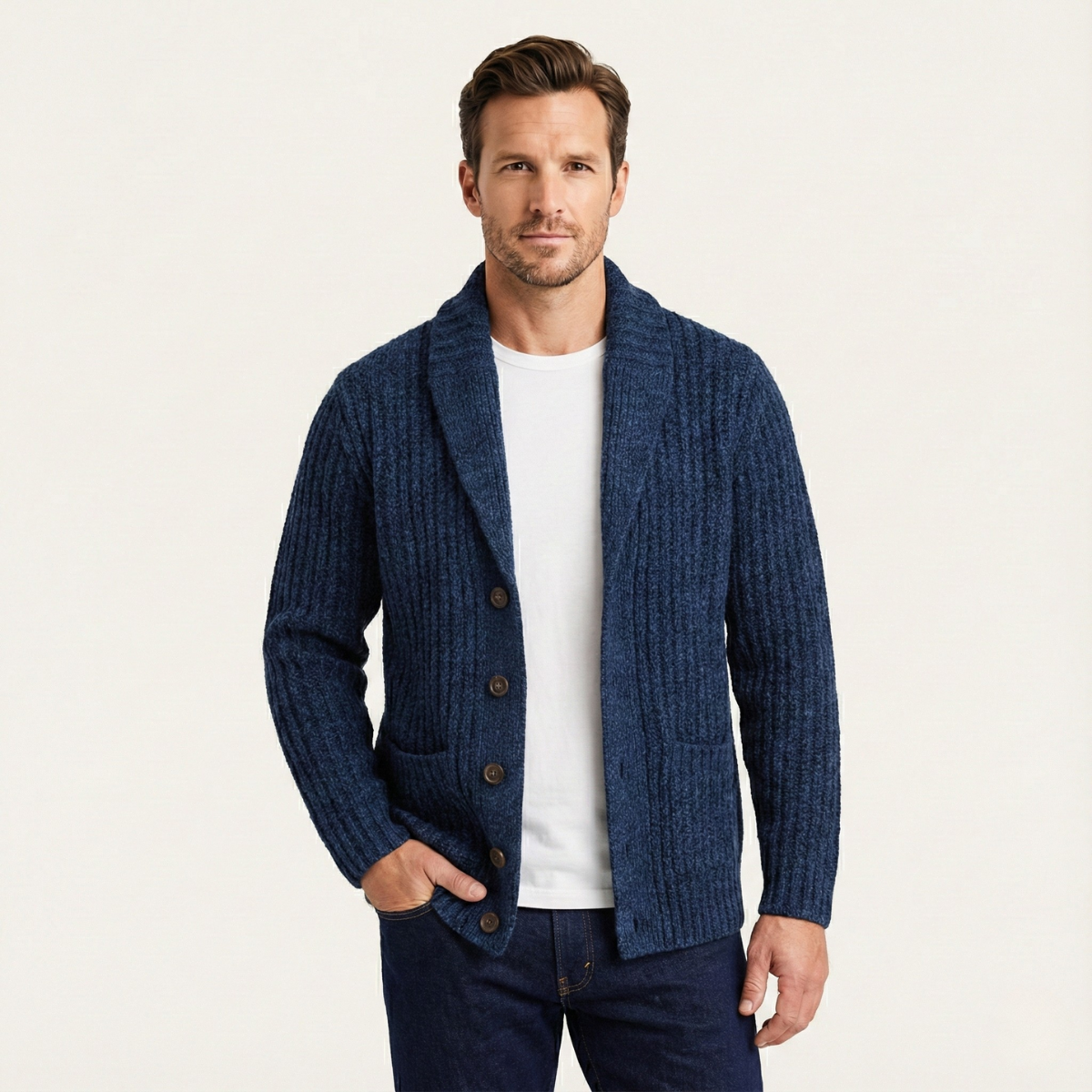 Grovstickad kofta med sjalkrage för herrar-Cardigan for men-Fjallbarn