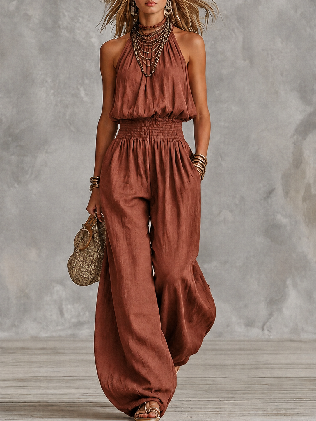 Halterneck-jumpsuit för dam med smockad midja-Jumpsuits for woman-Fjallbarn