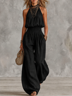 Halterneck-jumpsuit för dam med smockad midja-Jumpsuits for woman-Fjallbarn