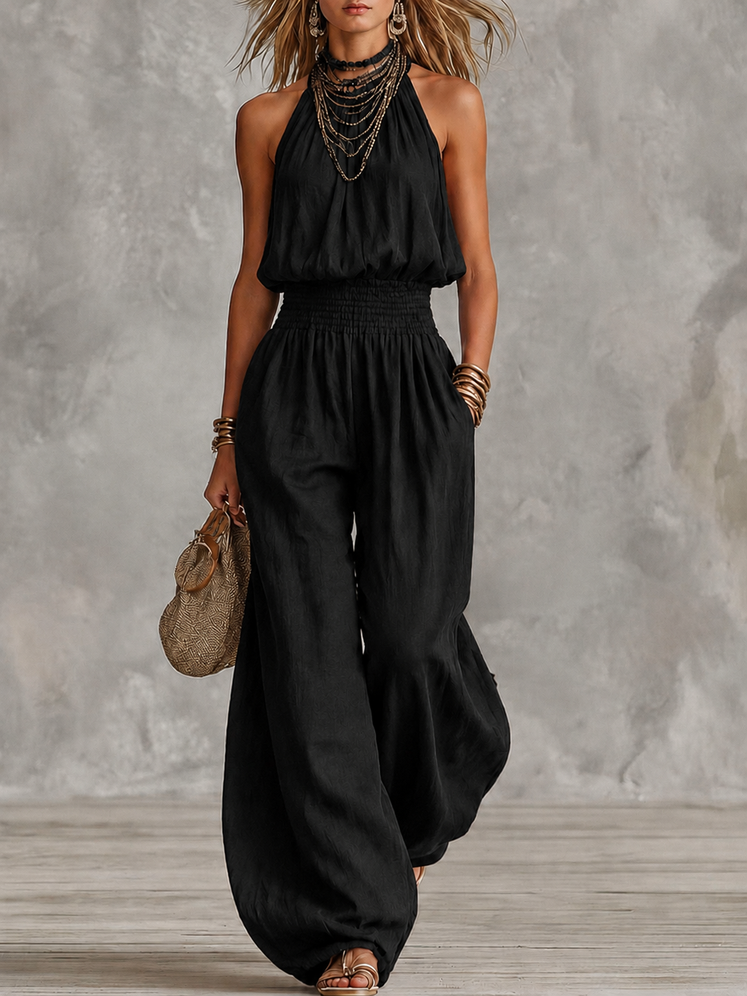 Halterneck-jumpsuit för dam med smockad midja-Jumpsuits for woman-Fjallbarn