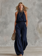 Halterneck-jumpsuit för dam med smockad midja-Jumpsuits for woman-Fjallbarn
