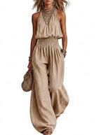 Halterneck-jumpsuit för dam med smockad midja-Jumpsuits for woman-Fjallbarn