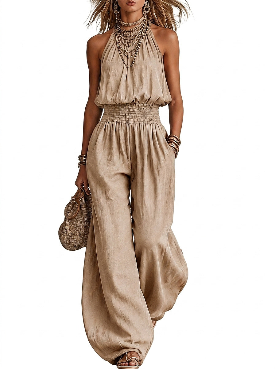 Halterneck-jumpsuit för dam med smockad midja-Jumpsuits for woman-Fjallbarn