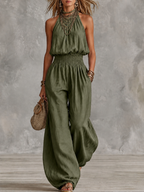 Halterneck-jumpsuit för dam med smockad midja-Jumpsuits for woman-Fjallbarn