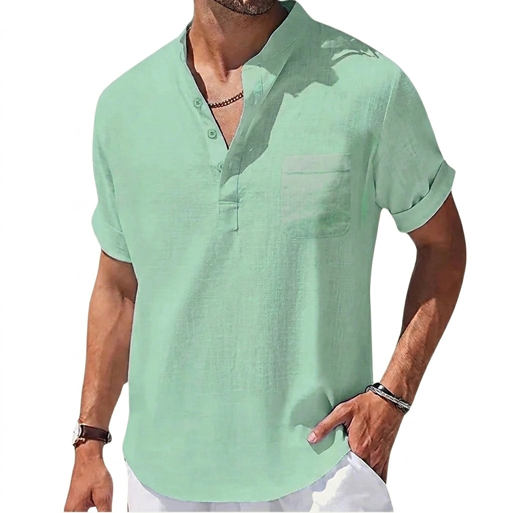 Herr kortärmad henley skjorta med bröstficka och ståkrage-Shirts for men-Fjallbarn