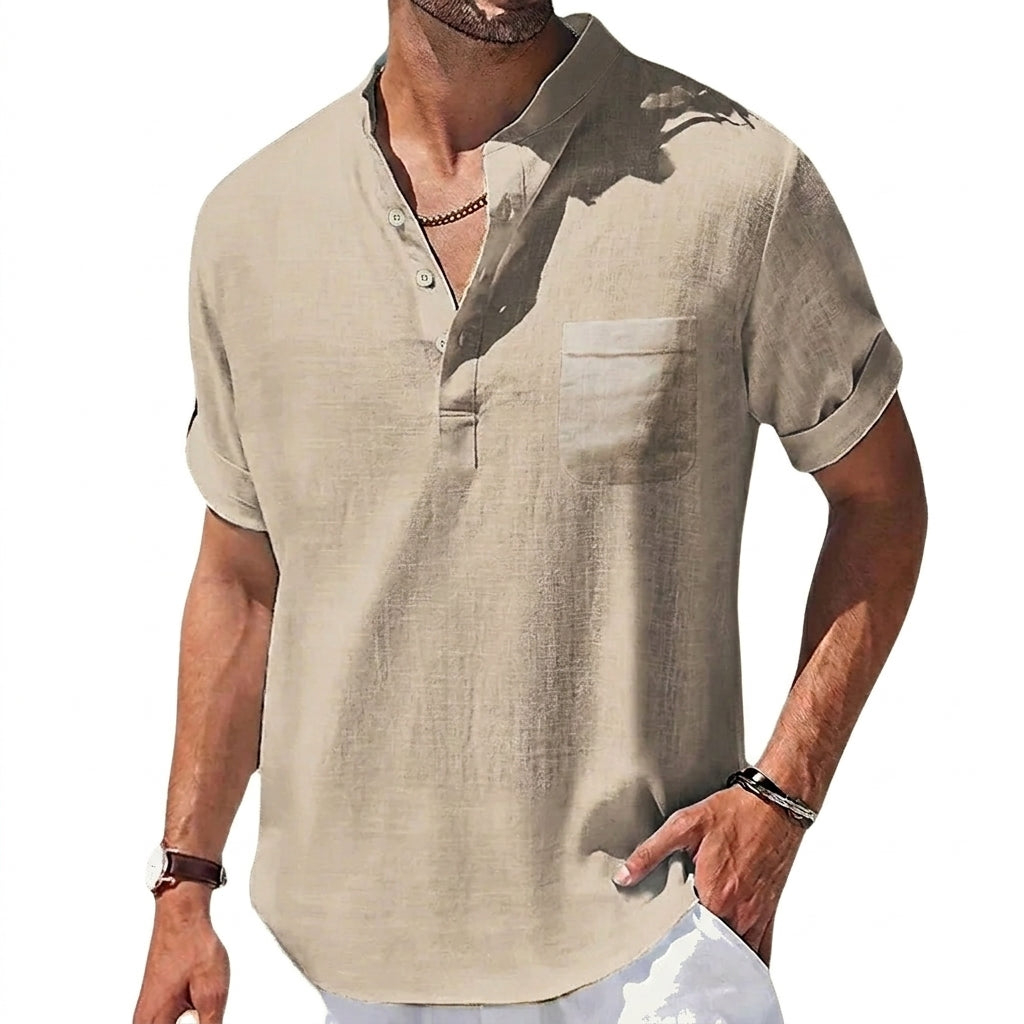 Herr kortärmad henley skjorta med bröstficka och ståkrage-Shirts for men-Fjallbarn