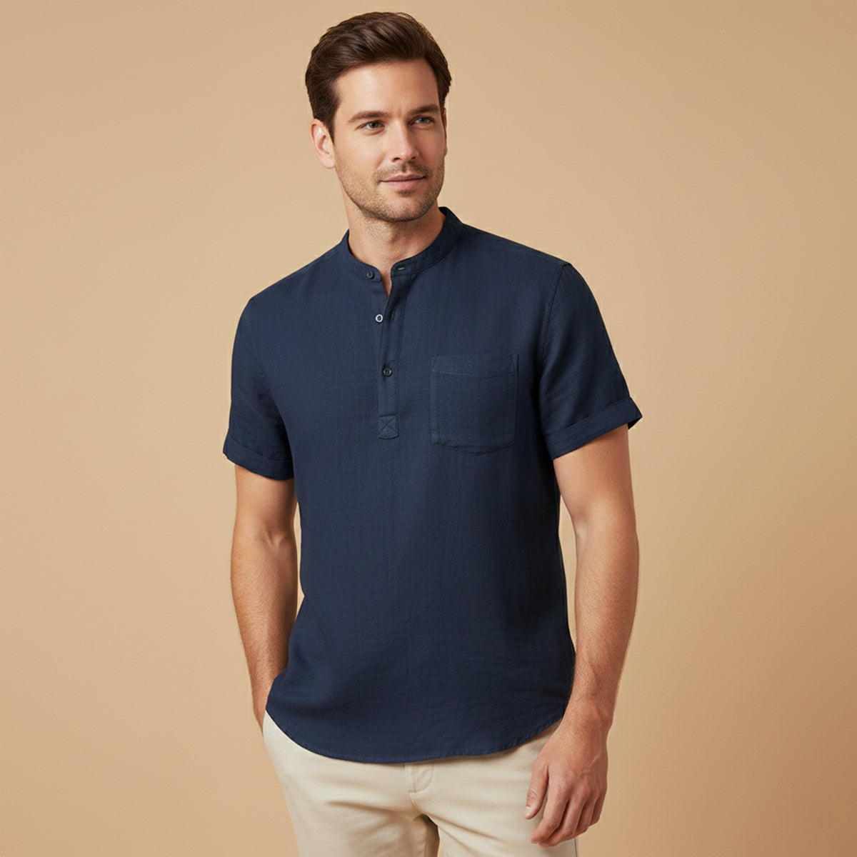 Herr kortärmad henley-skjorta med kinakrage och bröstficka-Shirts for men-Fjallbarn