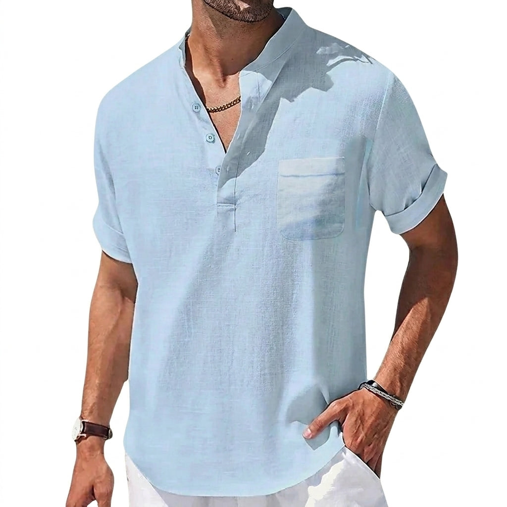 Herr kortärmad henley skjorta med kinakrage och bröstficka-Shirts for men-Fjallbarn