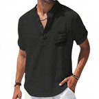 Herr kortärmad henley skjorta med kinakrage och bröstficka-Shirts for men-Fjallbarn