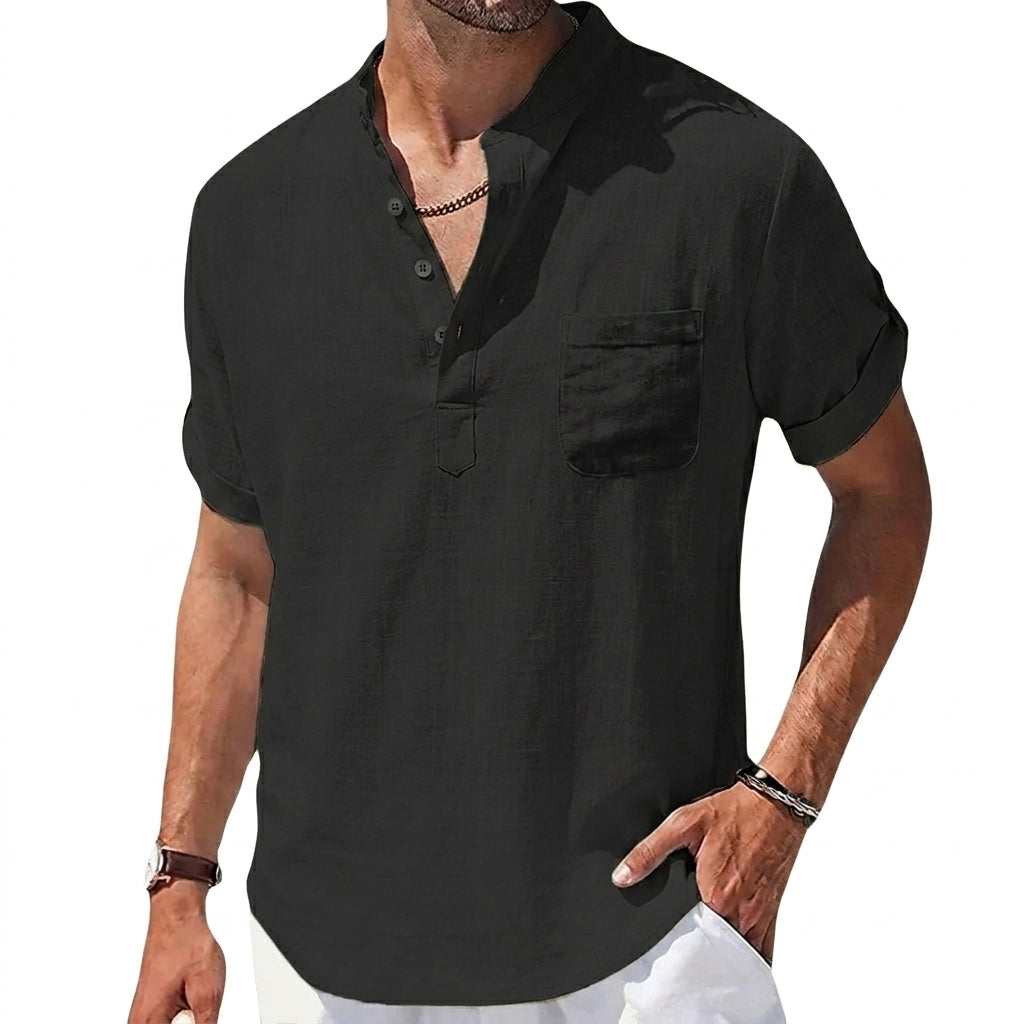 Herr kortärmad henley skjorta med kinakrage och bröstficka-Shirts for men-Fjallbarn