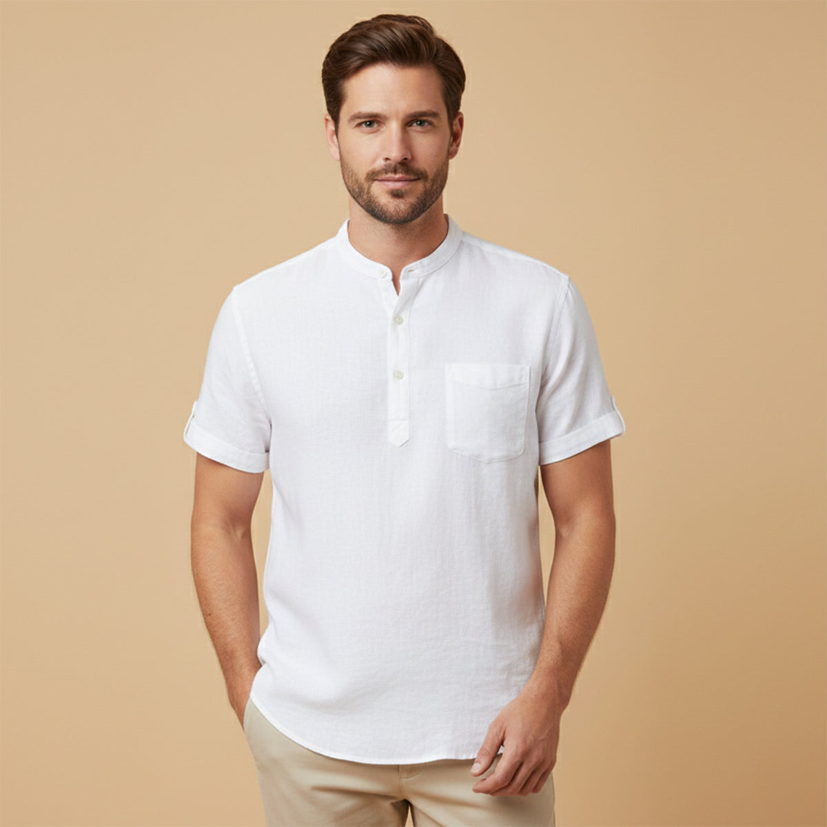 Herr kortärmad henley-skjorta med kinakrage och bröstficka-Shirts for men-Fjallbarn