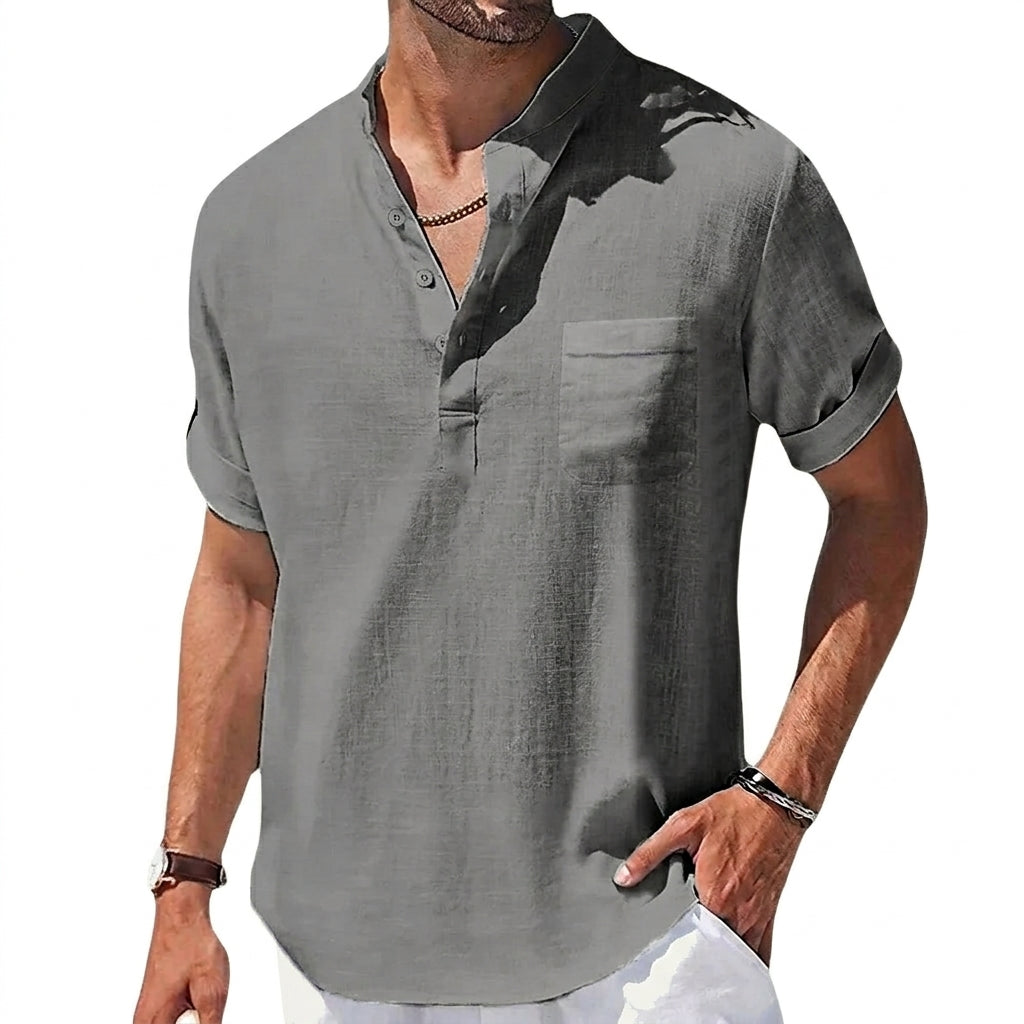 Herr kortärmad henley skjorta med kinakrage och bröstficka-Shirts for men-Fjallbarn