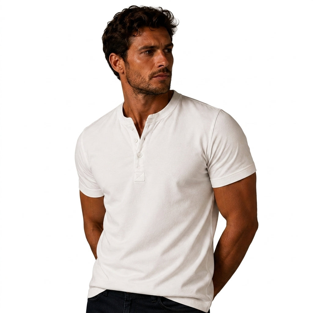 Herr kortärmad henleytröja med knappslå och rund halsringning-T-shirt for men-Fjallbarn