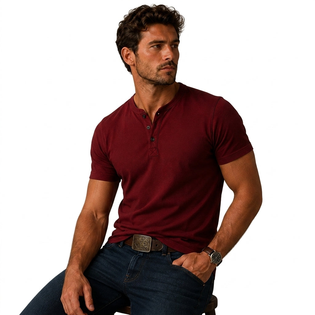 Herr kortärmad henleytröja med knappslå och rund halsringning-T-shirt for men-Fjallbarn