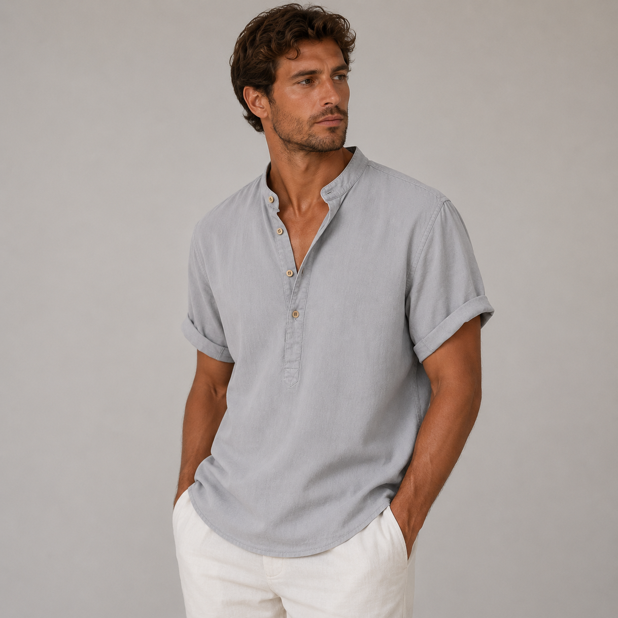 Herr Kortärmad Skjorta med Kinakrage och Knappar-Shirts for men-Fjallbarn