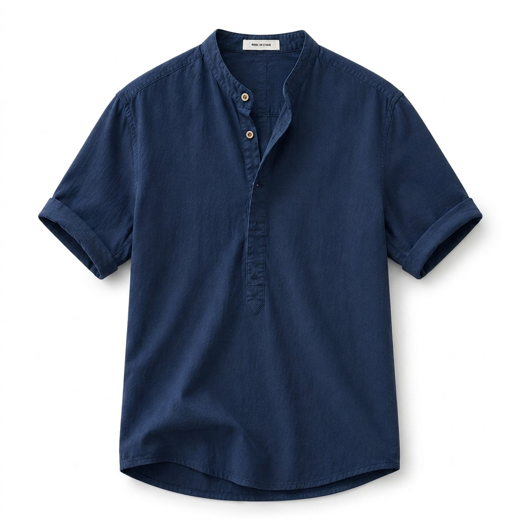 Herr Kortärmad Skjorta med Kinakrage och Knappar-Shirts for men-Fjallbarn