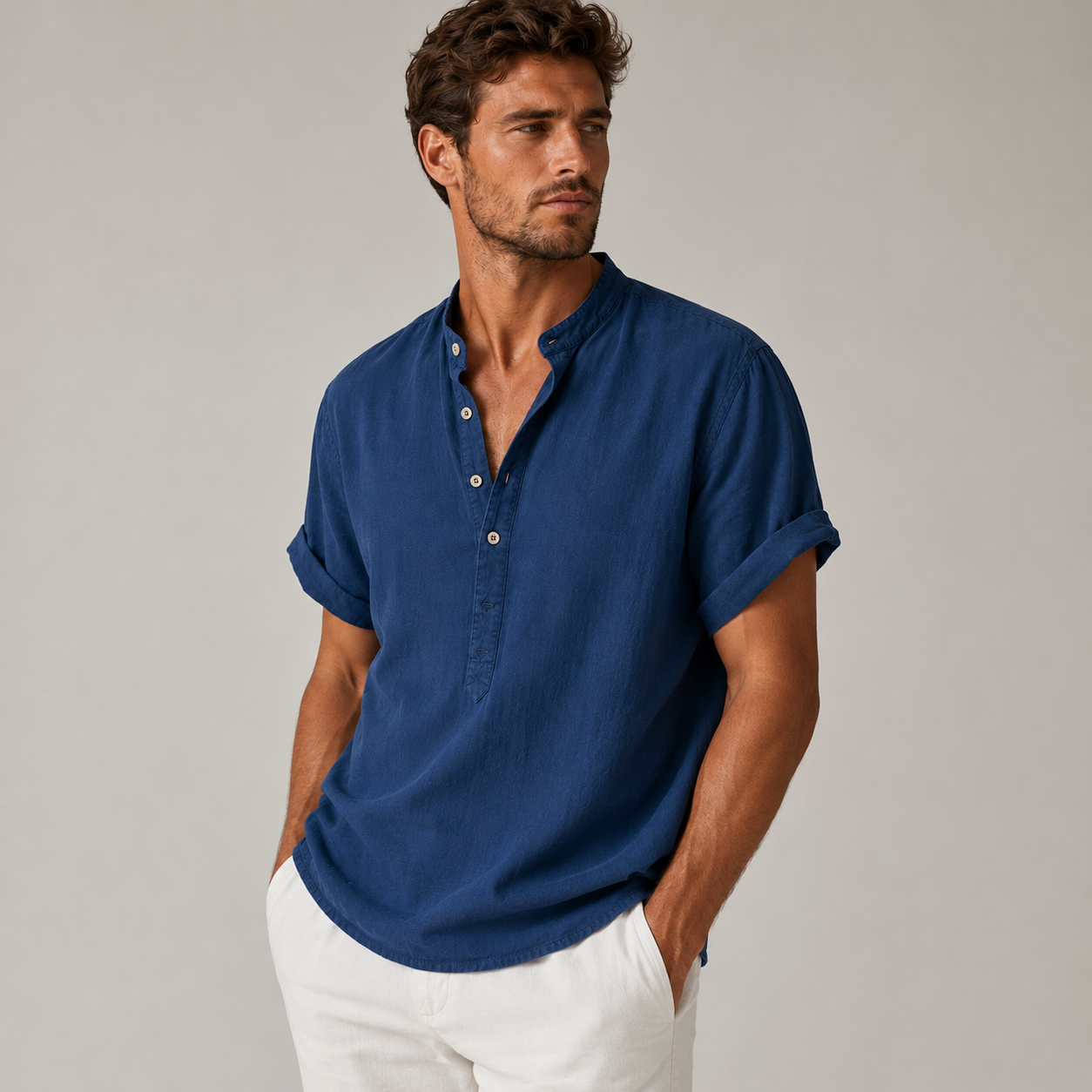 Herr Kortärmad Skjorta med Kinakrage och Knappar-Shirts for men-Fjallbarn