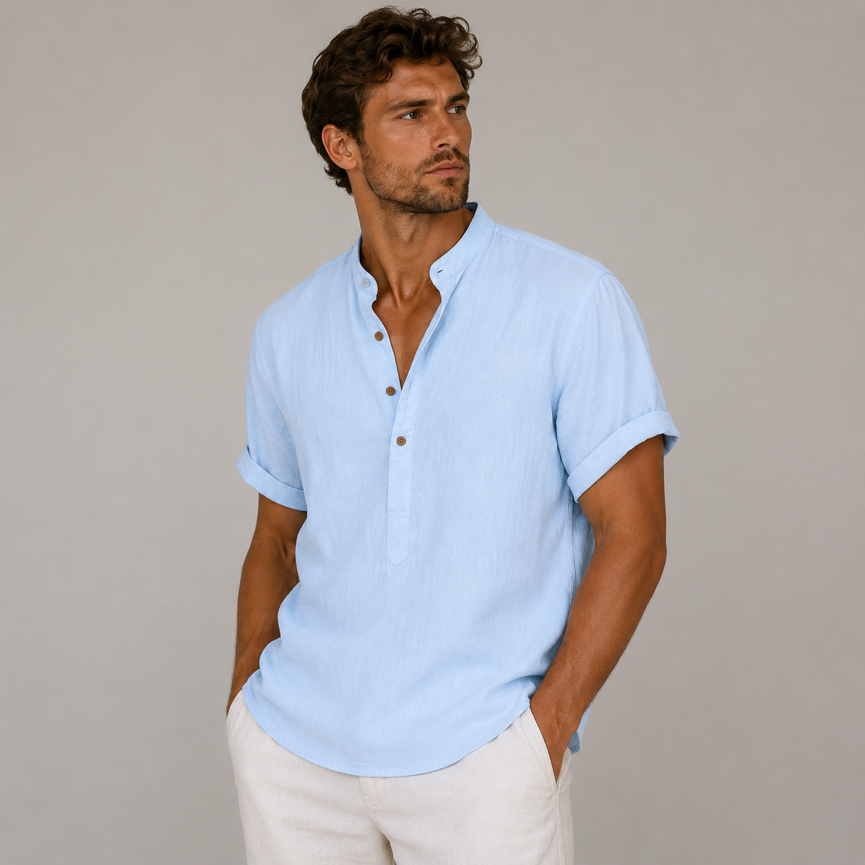 Herr Kortärmad Skjorta med Kinakrage och Knappar-Shirts for men-Fjallbarn