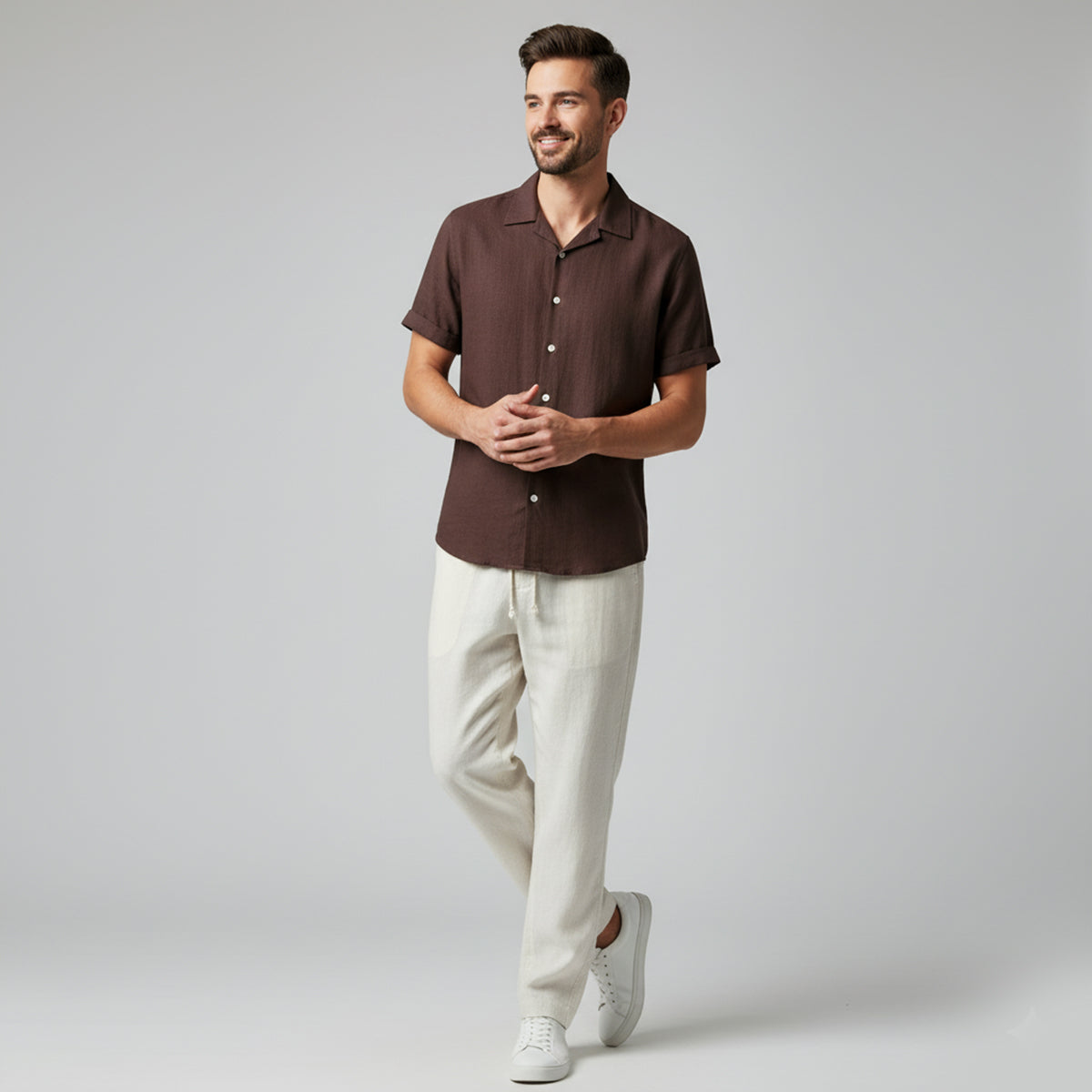 Herr kortärmad skjorta med reverskrage och byxor med dragsko-Sets for Men-Fjallbarn