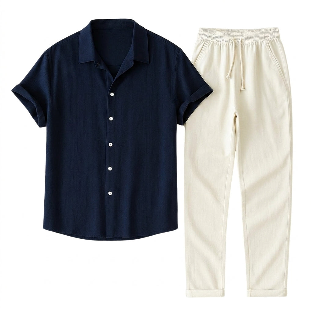 Herr kortärmad skjorta med reverskrage och byxor med dragsko-Sets for Men-Fjallbarn