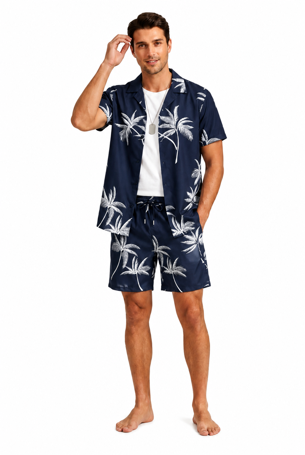 Herr Kortärmad Skjorta och Shorts Set med Palmmönster-Sets for Men-Fjallbarn