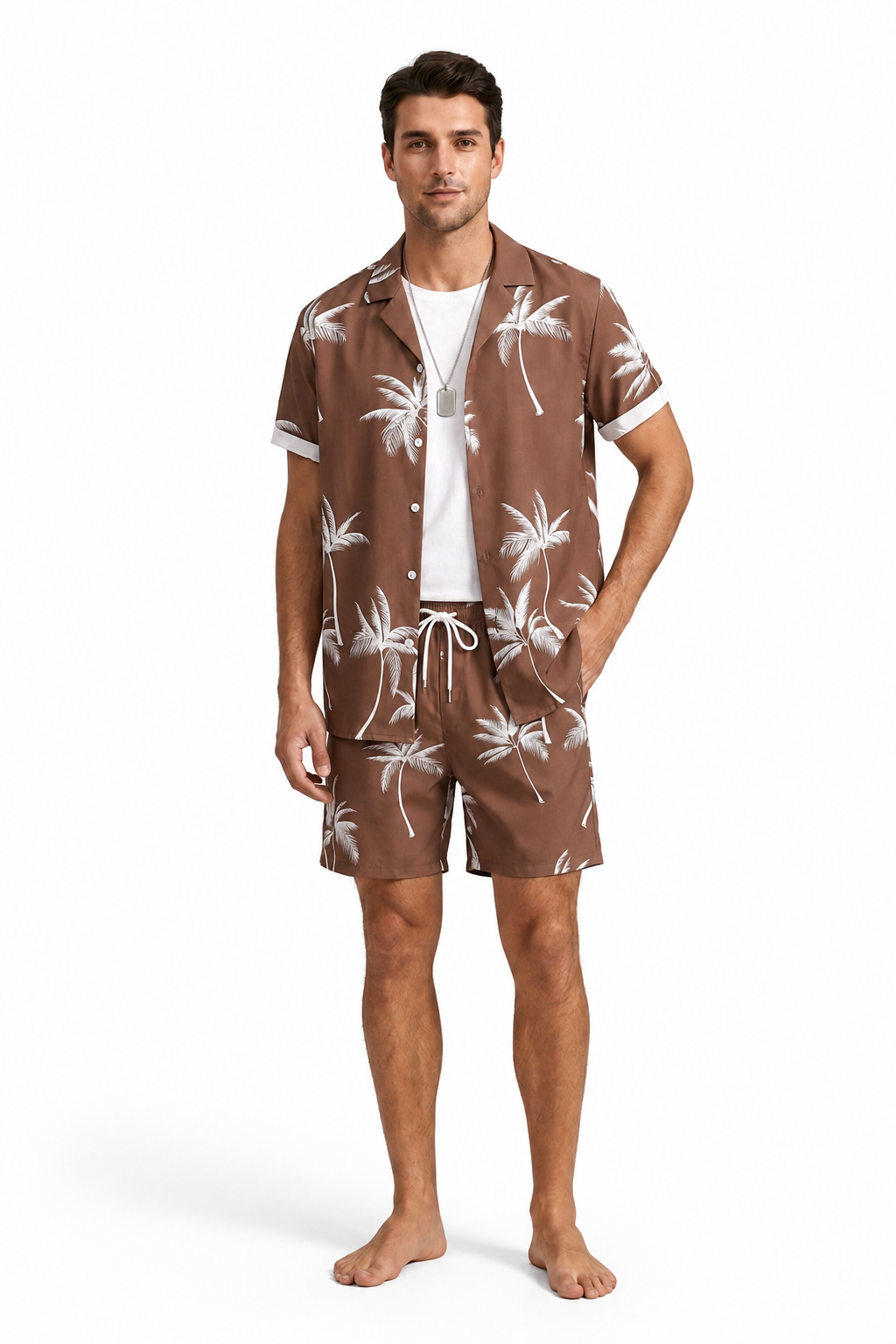 Herr Kortärmad Skjorta och Shorts Set med Palmmönster-Sets for Men-Fjallbarn