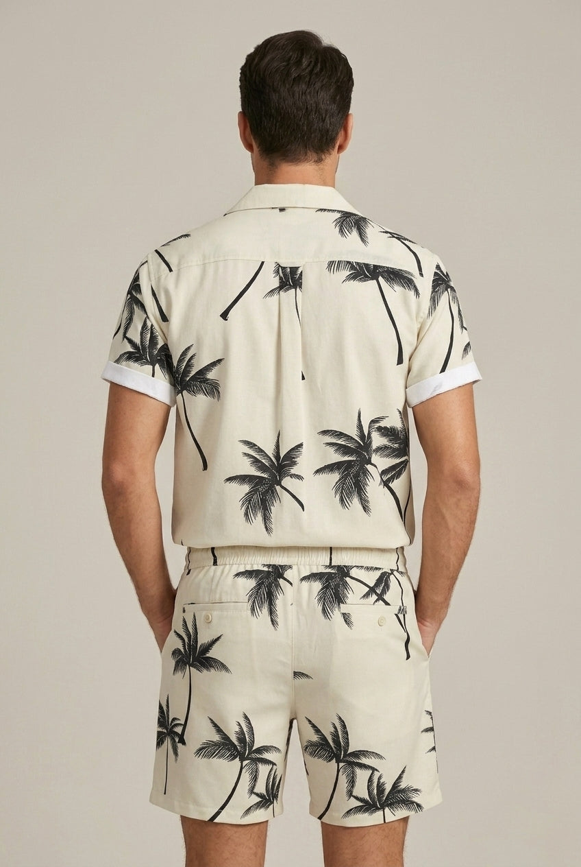 Herr Kortärmad Skjorta och Shorts Set med Palmmönster-Sets for Men-Fjallbarn