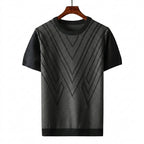 Herr kortärmad stickad tröja med geometriskt mönster och rund halsringning-T-shirt for men-Fjallbarn
