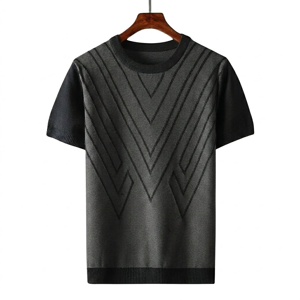 Herr kortärmad stickad tröja med geometriskt mönster och rund halsringning-T-shirt for men-Fjallbarn