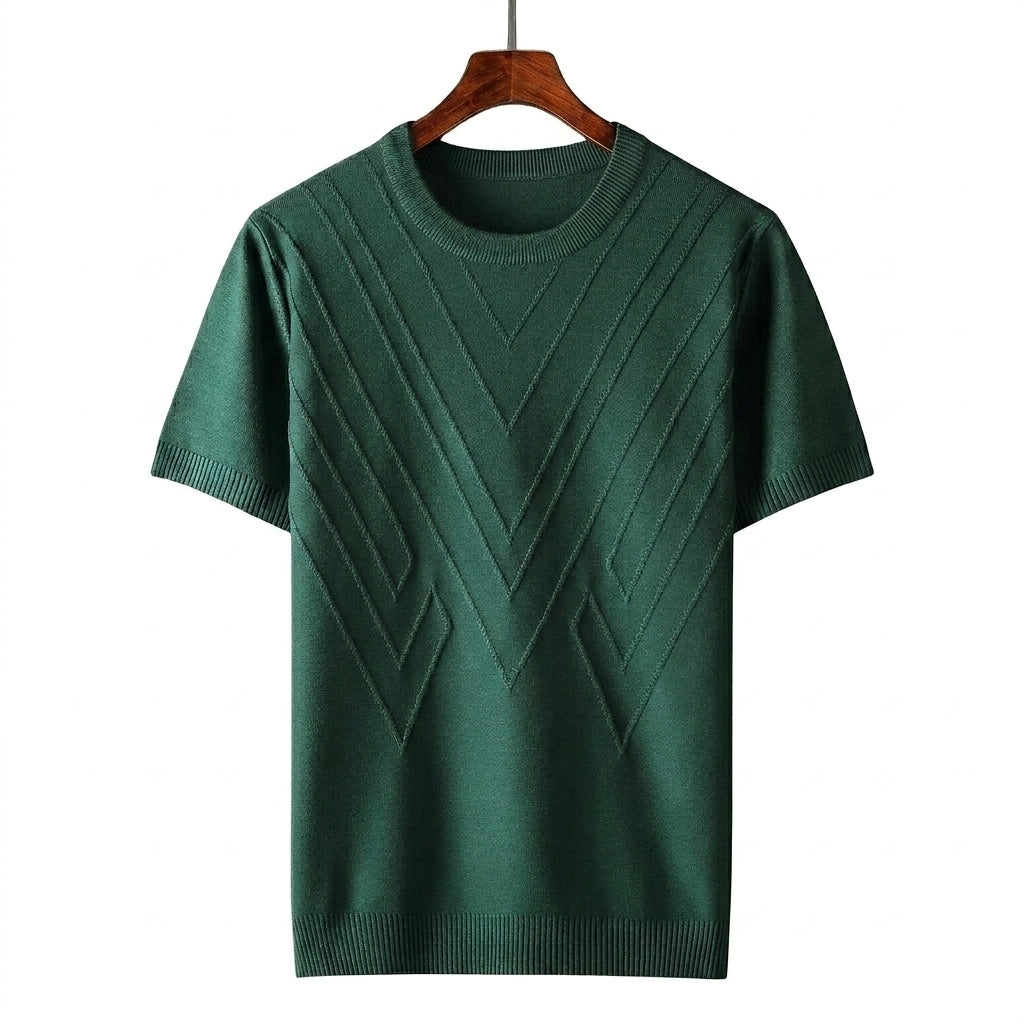 Herr kortärmad stickad tröja med geometriskt mönster och rund halsringning-T-shirt for men-Fjallbarn