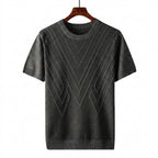Herr kortärmad stickad tröja med geometriskt mönster och rund halsringning-T-shirt for men-Fjallbarn