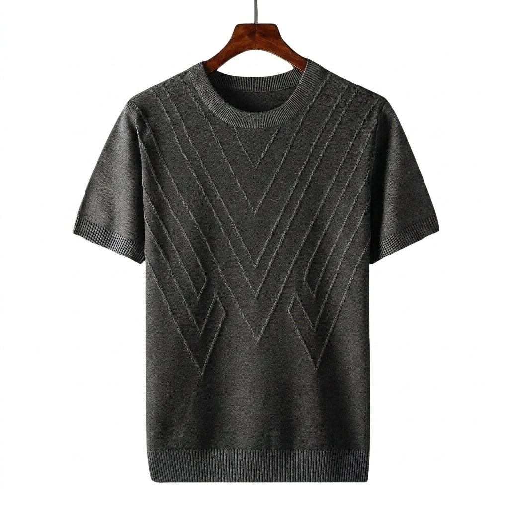 Herr kortärmad stickad tröja med geometriskt mönster och rund halsringning-T-shirt for men-Fjallbarn