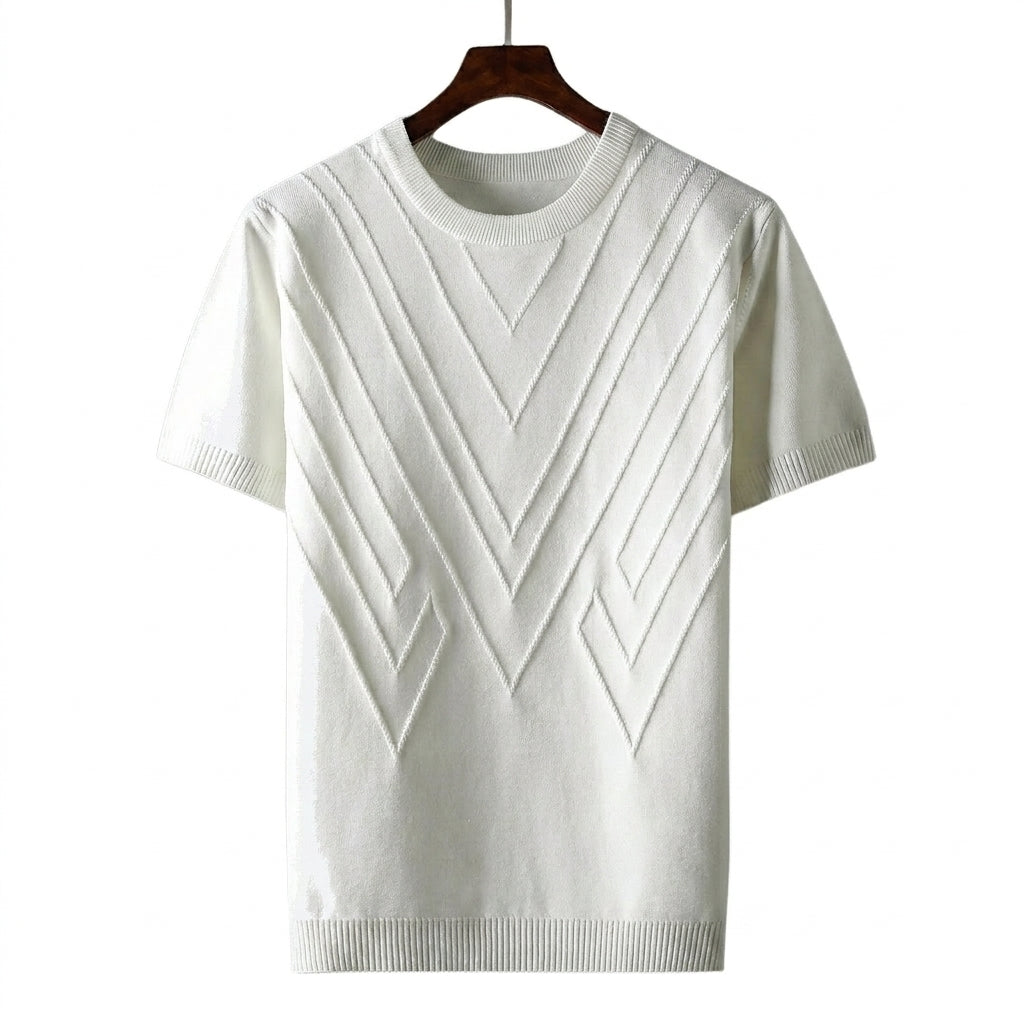 Herr kortärmad stickad tröja med geometriskt mönster och rund halsringning-T-shirt for men-Fjallbarn