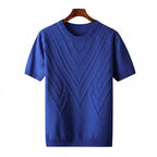 Herr kortärmad stickad tröja med geometriskt mönster och rund halsringning-T-shirt for men-Fjallbarn